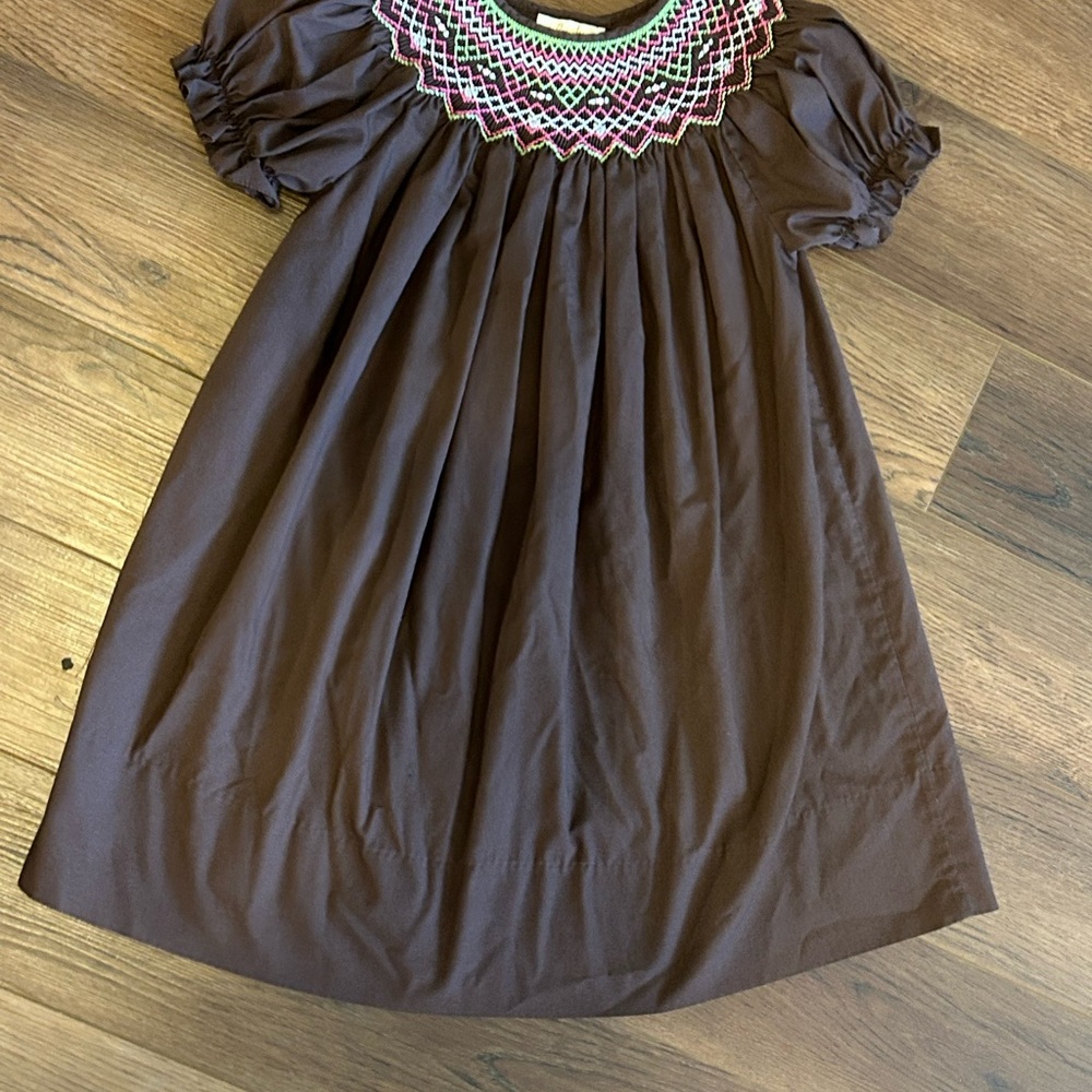 Elegant Brown Kids Dress with Smocked Detail